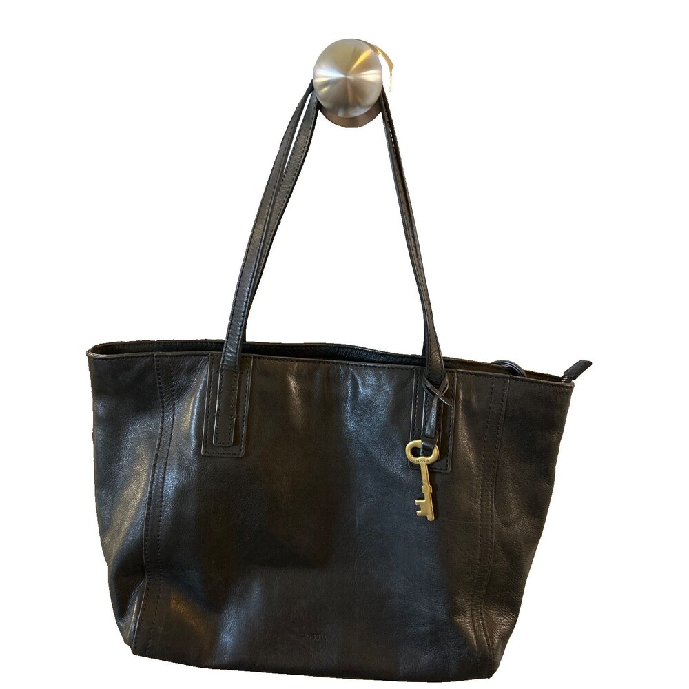 Fossil Emma Women’s Black Tote Handbag Genuine Leather Key Charm